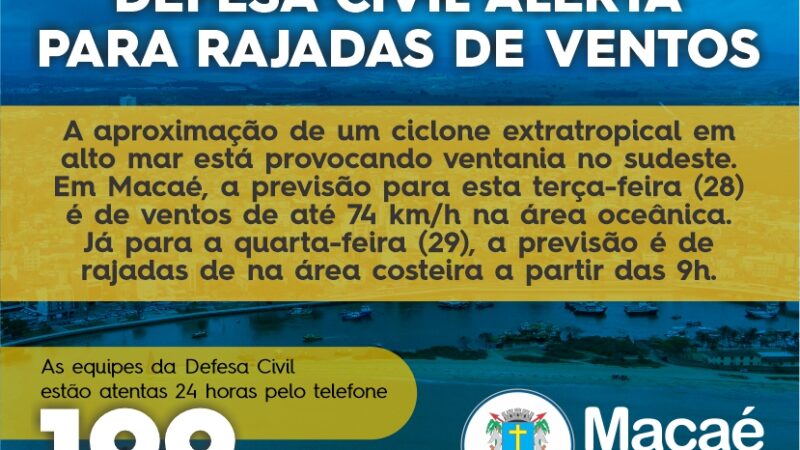 Defesa Civil alerta para rajadas de ventos