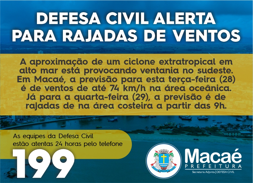 Defesa Civil alerta para rajadas de ventos