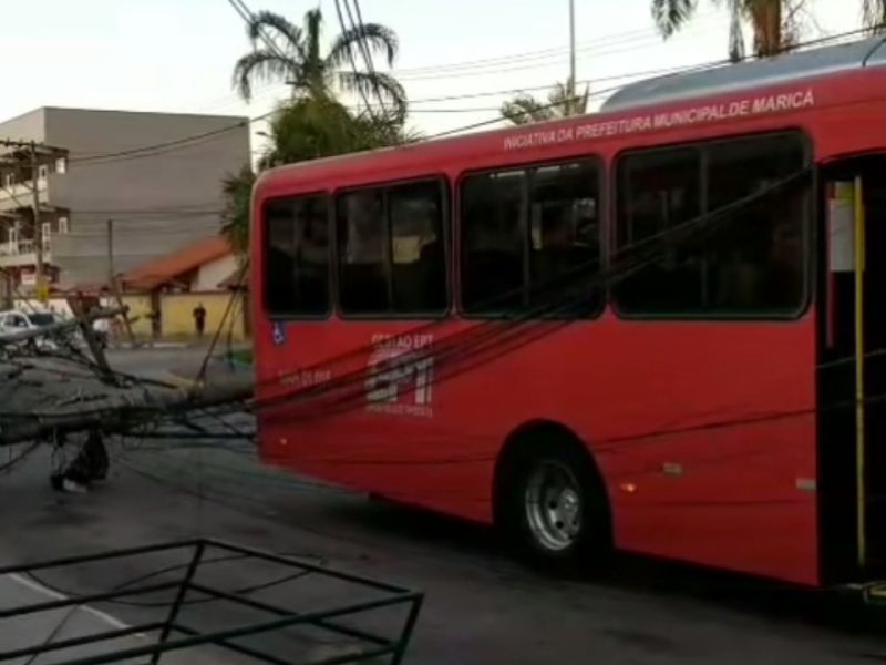 Vermelhinho fica preso na fiação de postes derrubados por batida de caminhão em Maricá