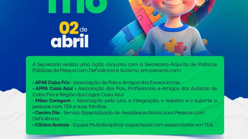 Cabo Frio realiza eventos pelo Dia Mundial de Conscientização do Autismo nesta quarta-feira