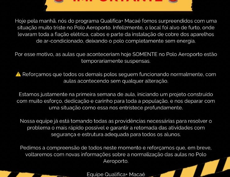 Polo de cursos profissionalizantes de Macaé sofre furto na primeira semana de aulas
