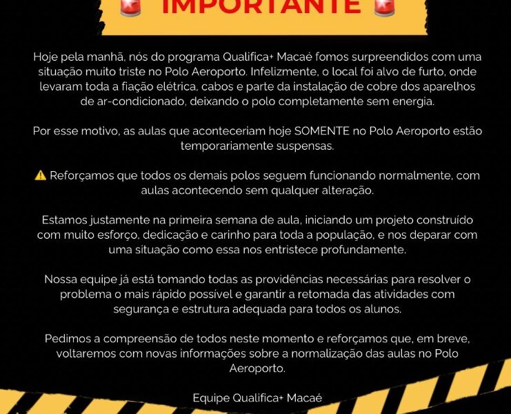 Polo de cursos profissionalizantes de Macaé sofre furto na primeira semana de aulas